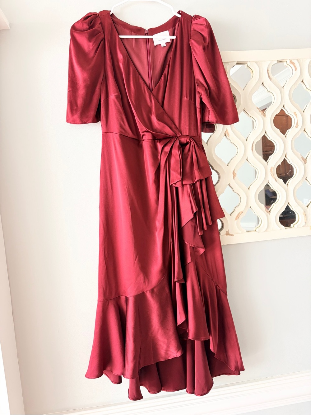 Cinq A Sept Silk Red Wrap Dress Front Tie Puff Sleeves Ruffle Hem Wedding Guest